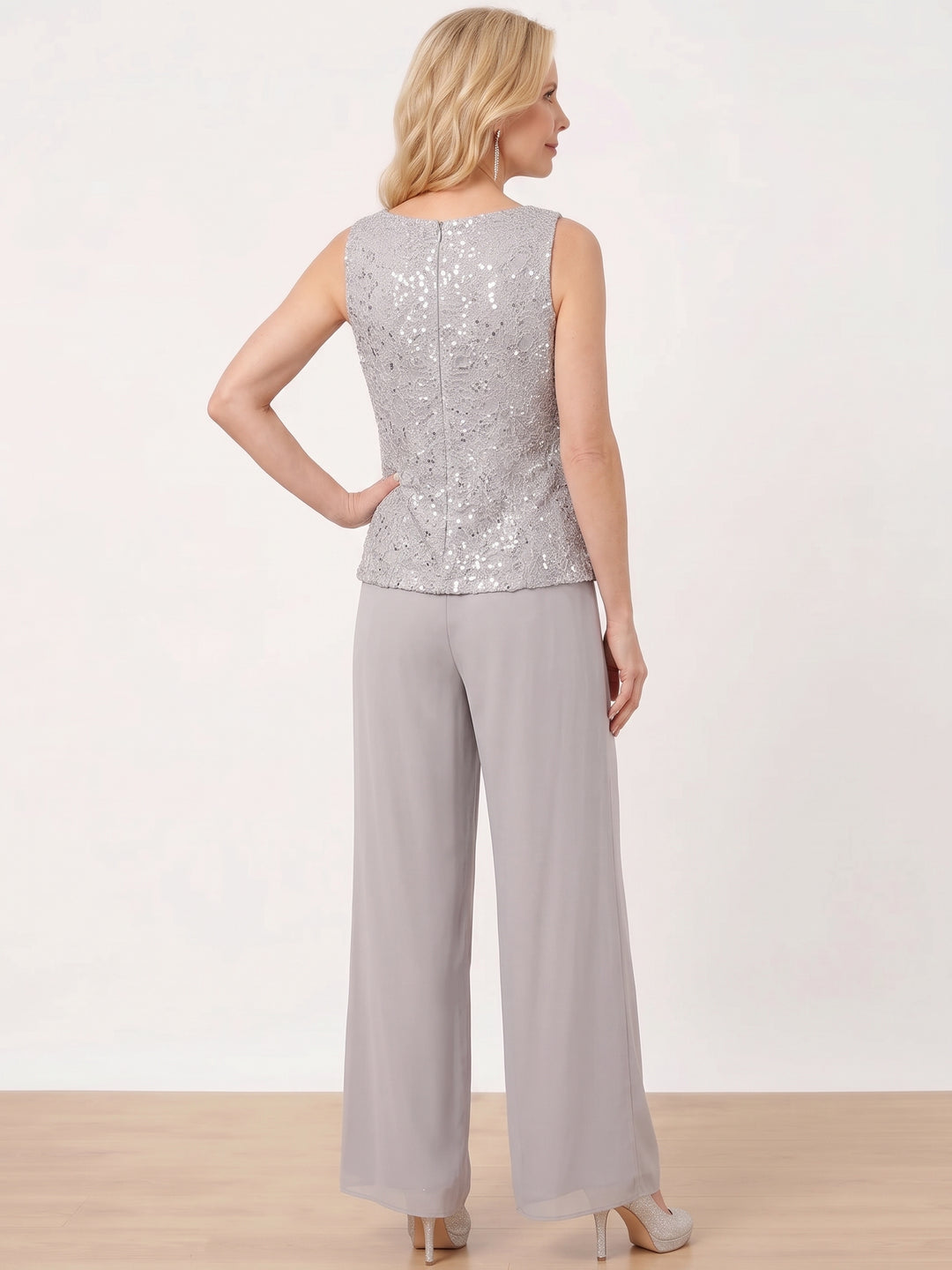 3 Pieces Chiffon Mother of the Bride Pantsuits with Jacket & Sequins