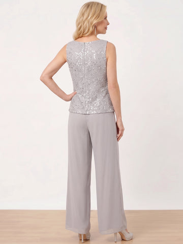 3 Pieces Chiffon Mother of the Bride Pantsuits with Jacket & Sequins