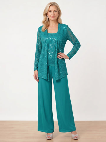 Chiffon Mother of the Bride Pantsuits with Jacket & Sequins