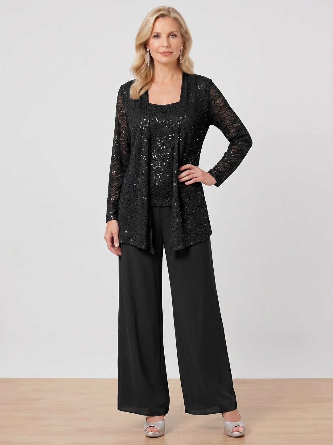 Chiffon Mother of the Bride Pantsuits with Jacket & Sequins