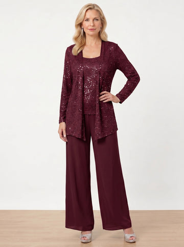 Chiffon Mother of the Bride Pantsuits with Jacket & Sequins