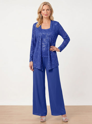 Chiffon Mother of the Bride Pantsuits with Jacket & Sequins