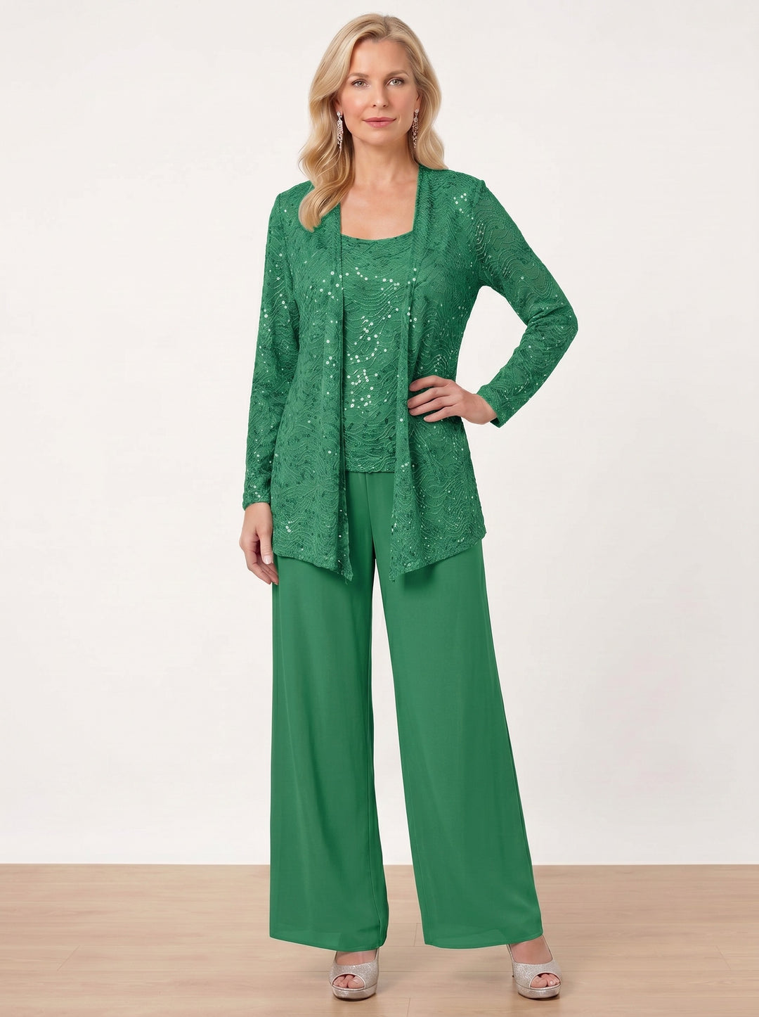 Chiffon Mother of the Bride Pantsuits with Jacket & Sequins