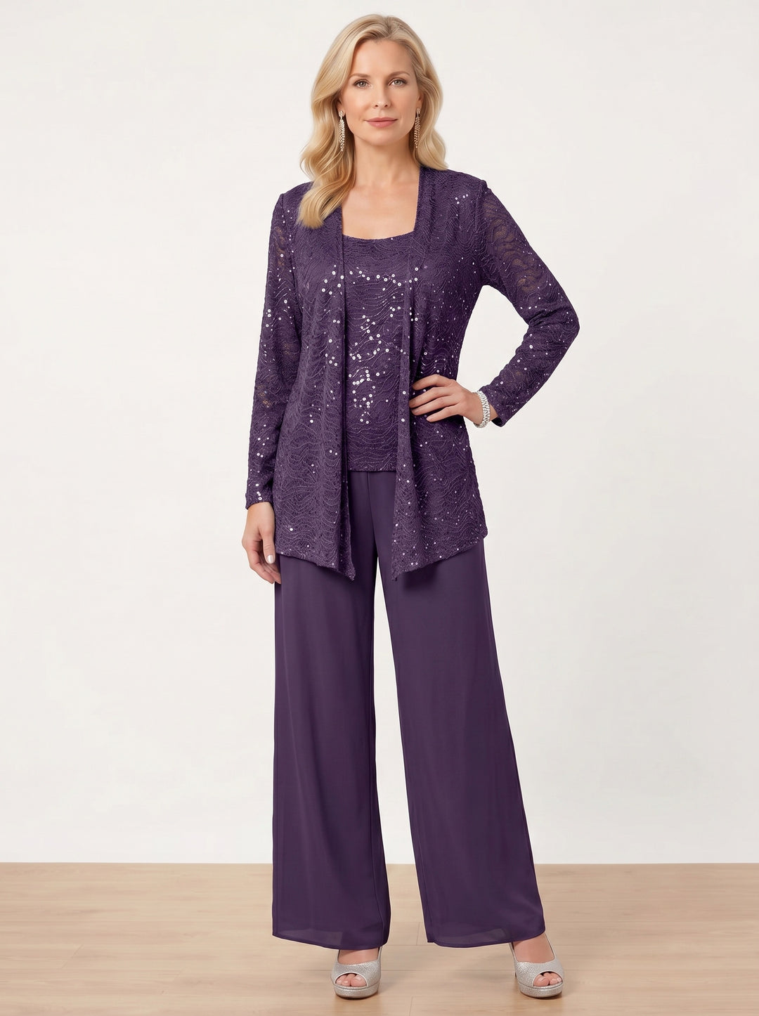 Chiffon Mother of the Bride Pantsuits with Jacket & Sequins