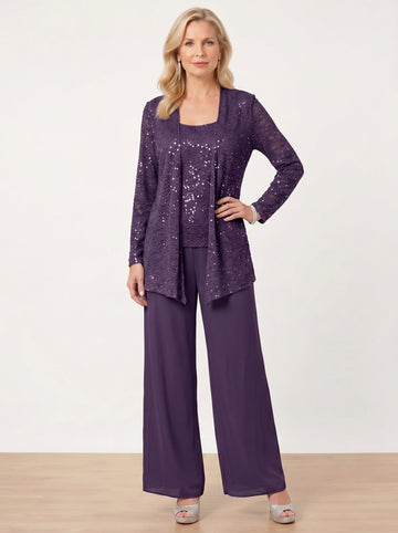 Chiffon Mother of the Bride Pantsuits with Jacket & Sequins