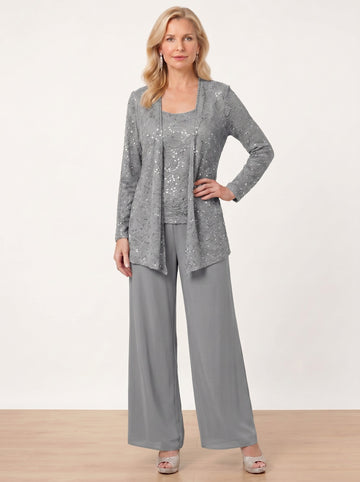 Chiffon Mother of the Bride Pantsuits with Jacket & Sequins