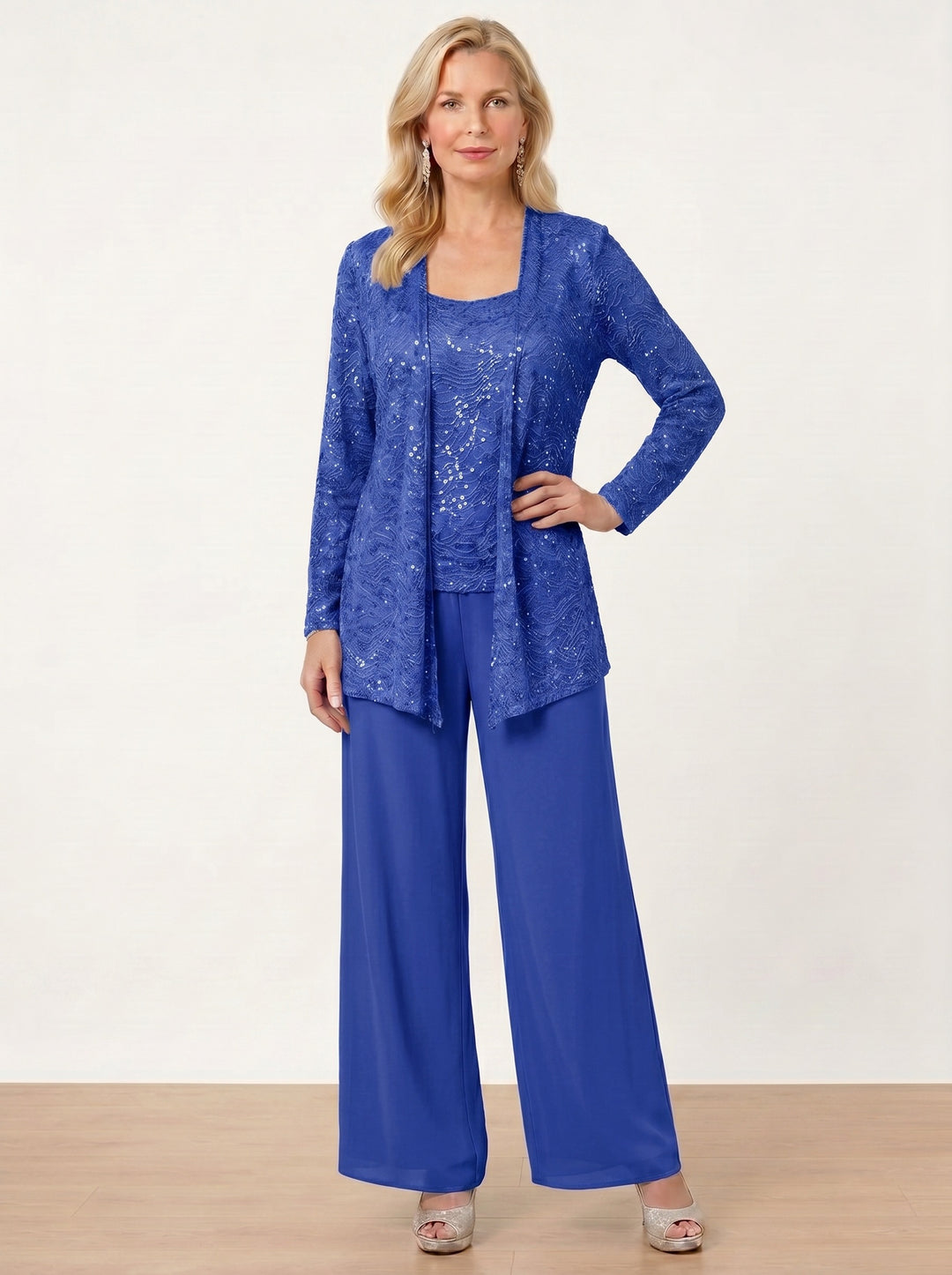 Chiffon Mother of the Bride Pantsuits with Jacket & Sequins