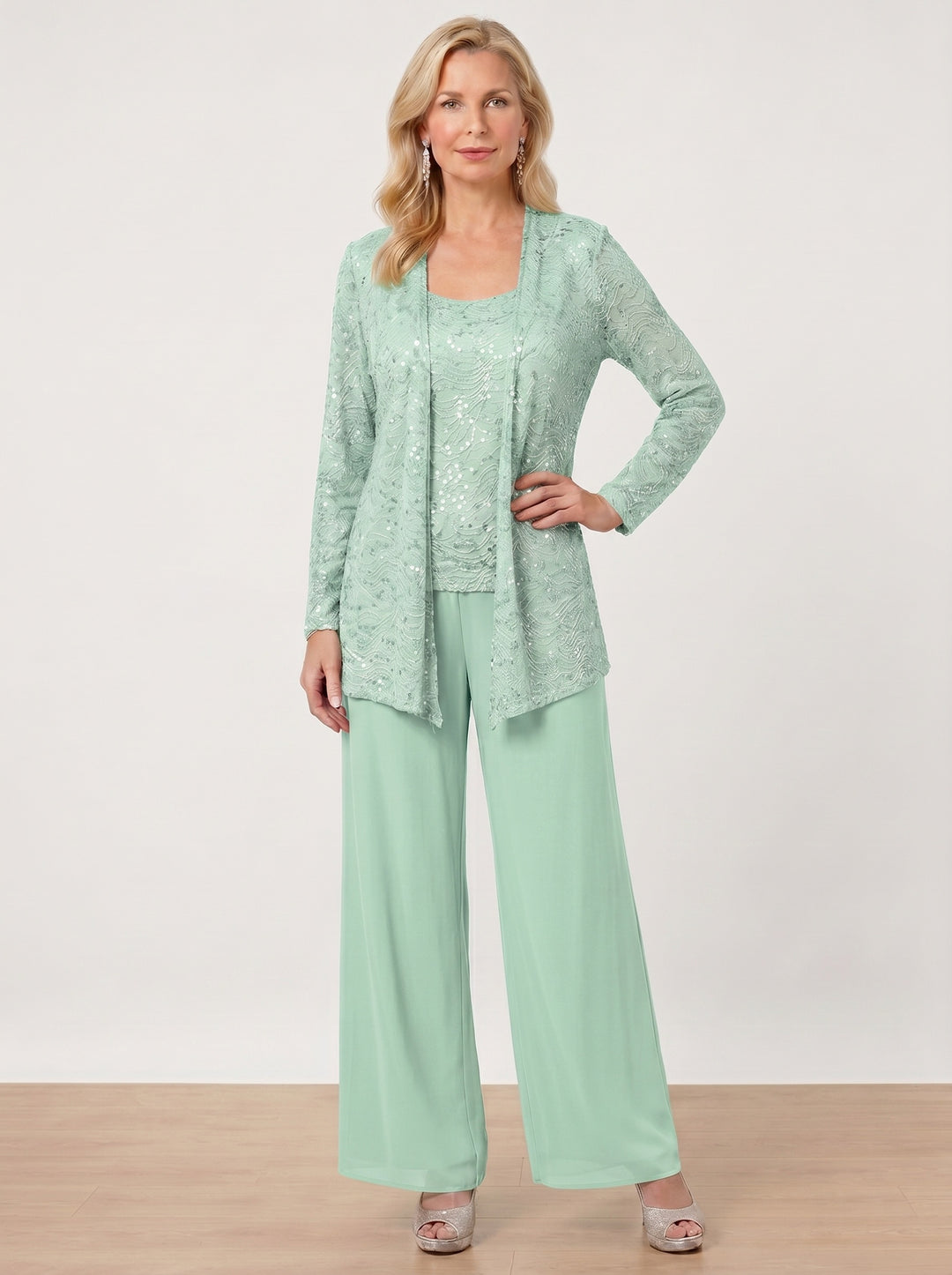 Chiffon Mother of the Bride Pantsuits with Jacket & Sequins