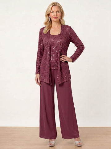 Chiffon Mother of the Bride Pantsuits with Jacket & Sequins