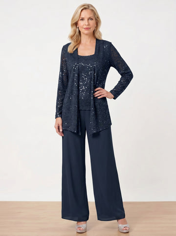 Chiffon Mother of the Bride Pantsuits with Jacket & Sequins