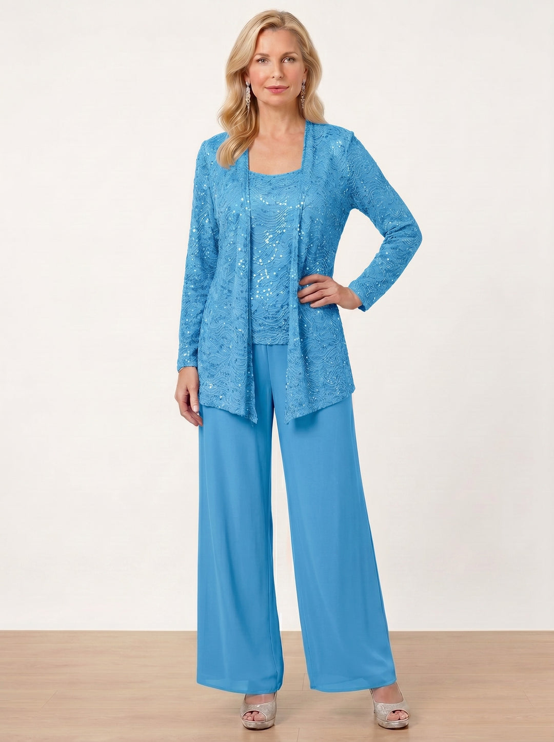 Chiffon Mother of the Bride Pantsuits with Jacket & Sequins