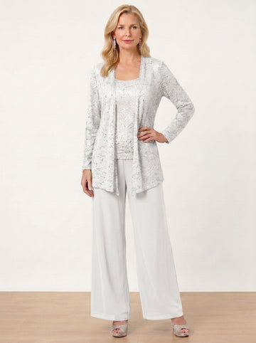 Chiffon Mother of the Bride Pantsuits with Jacket & Sequins