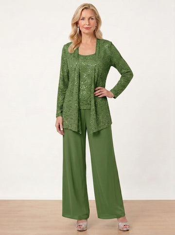 Chiffon Mother of the Bride Pantsuits with Jacket & Sequins