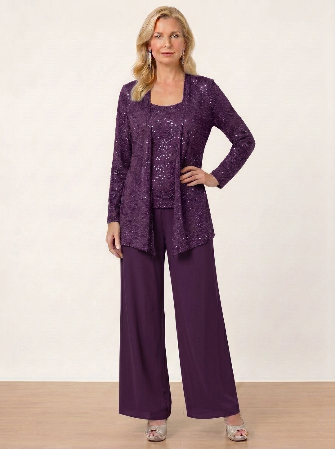 Chiffon Mother of the Bride Pantsuits with Jacket & Sequins