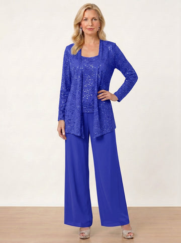 Chiffon Mother of the Bride Pantsuits with Jacket & Sequins