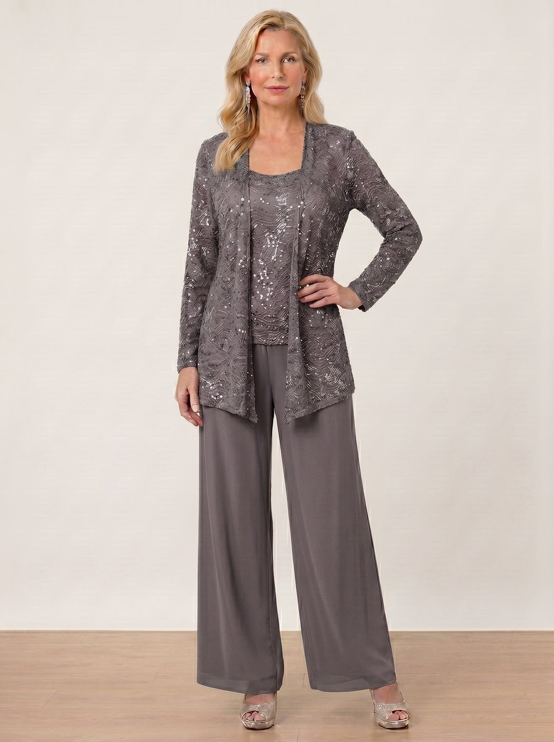 Chiffon Mother of the Bride Pantsuits with Jacket & Sequins