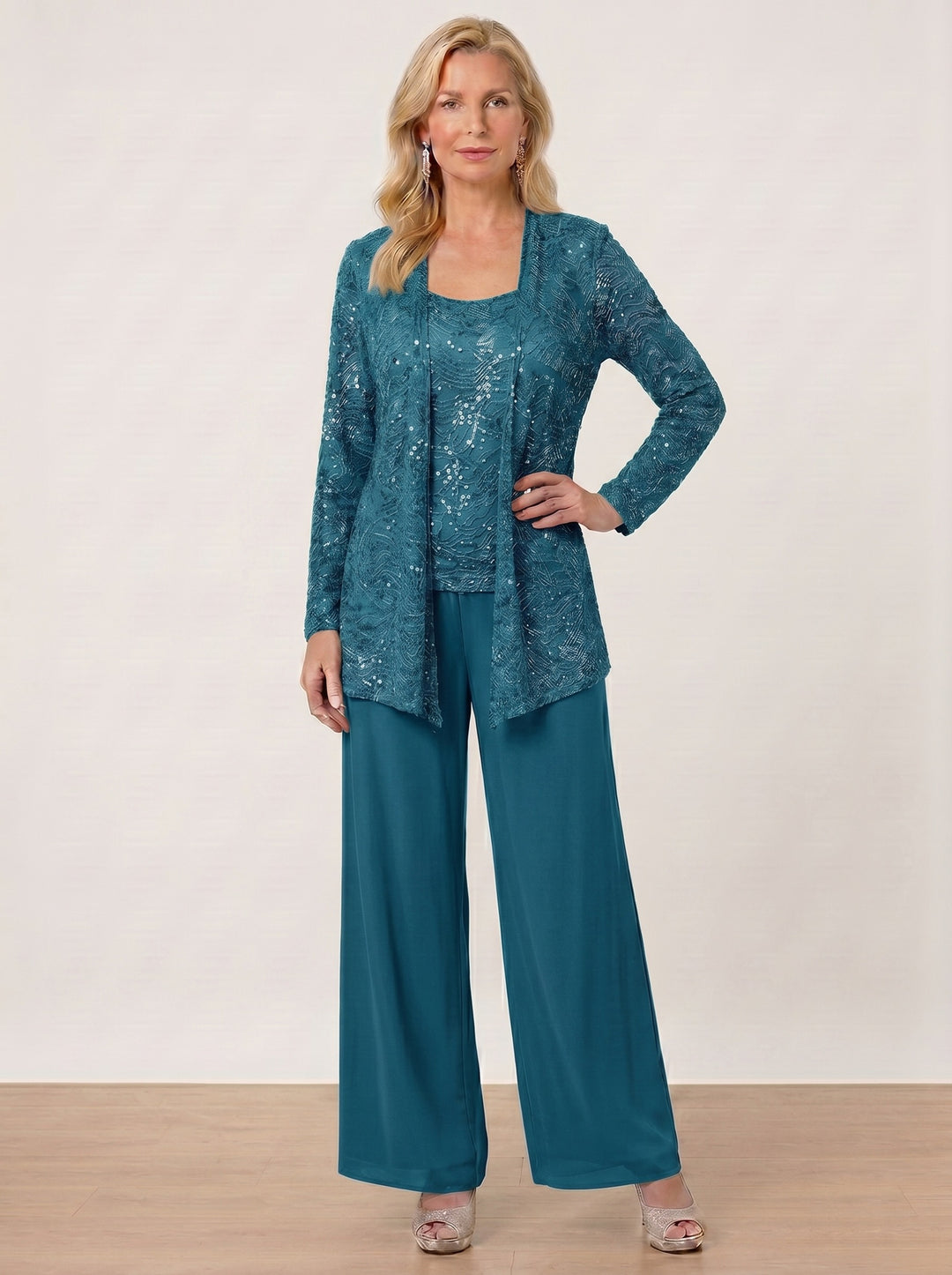 Chiffon Mother of the Bride Pantsuits with Jacket & Sequins