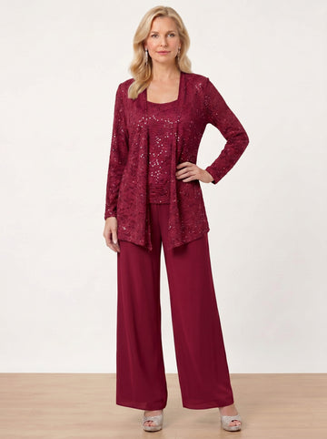 Chiffon Mother of the Bride Pantsuits with Jacket & Sequins