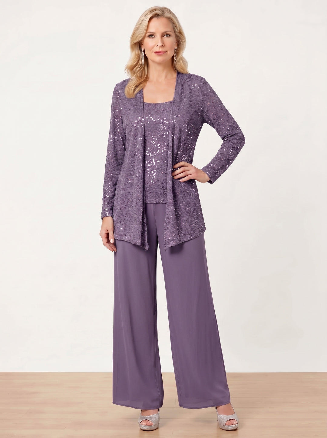 Chiffon Mother of the Bride Pantsuits with Jacket & Sequins
