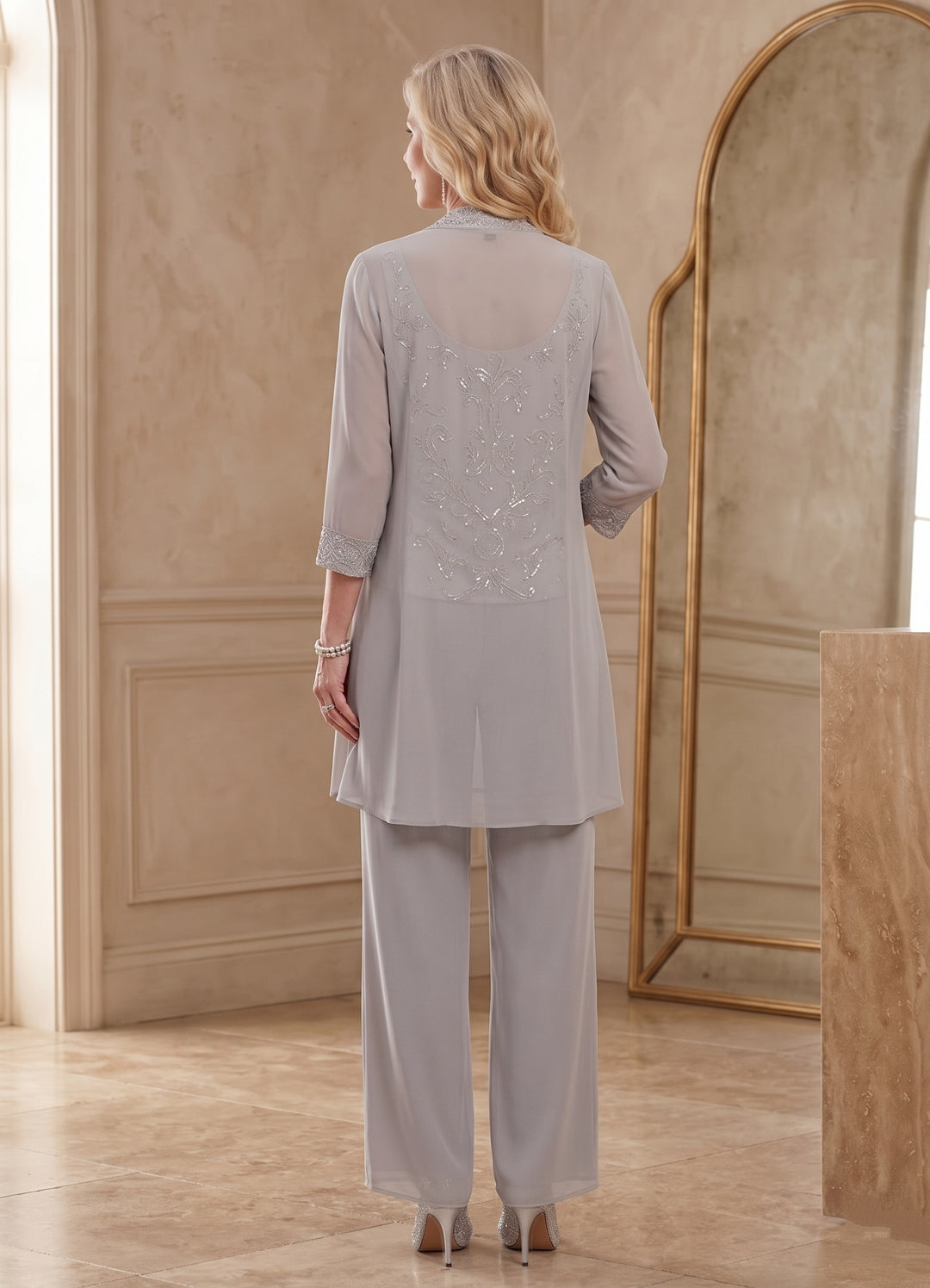 Chiffon Sequins Scoop Ankle-Length Mother of the Bride Pantsuits with Jacket