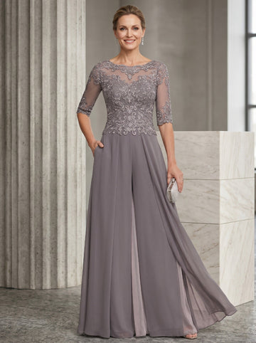Chiffon Jewel Neck Half Sleeves Ankle-Length Mother of the Bride Pantsuits with Lace