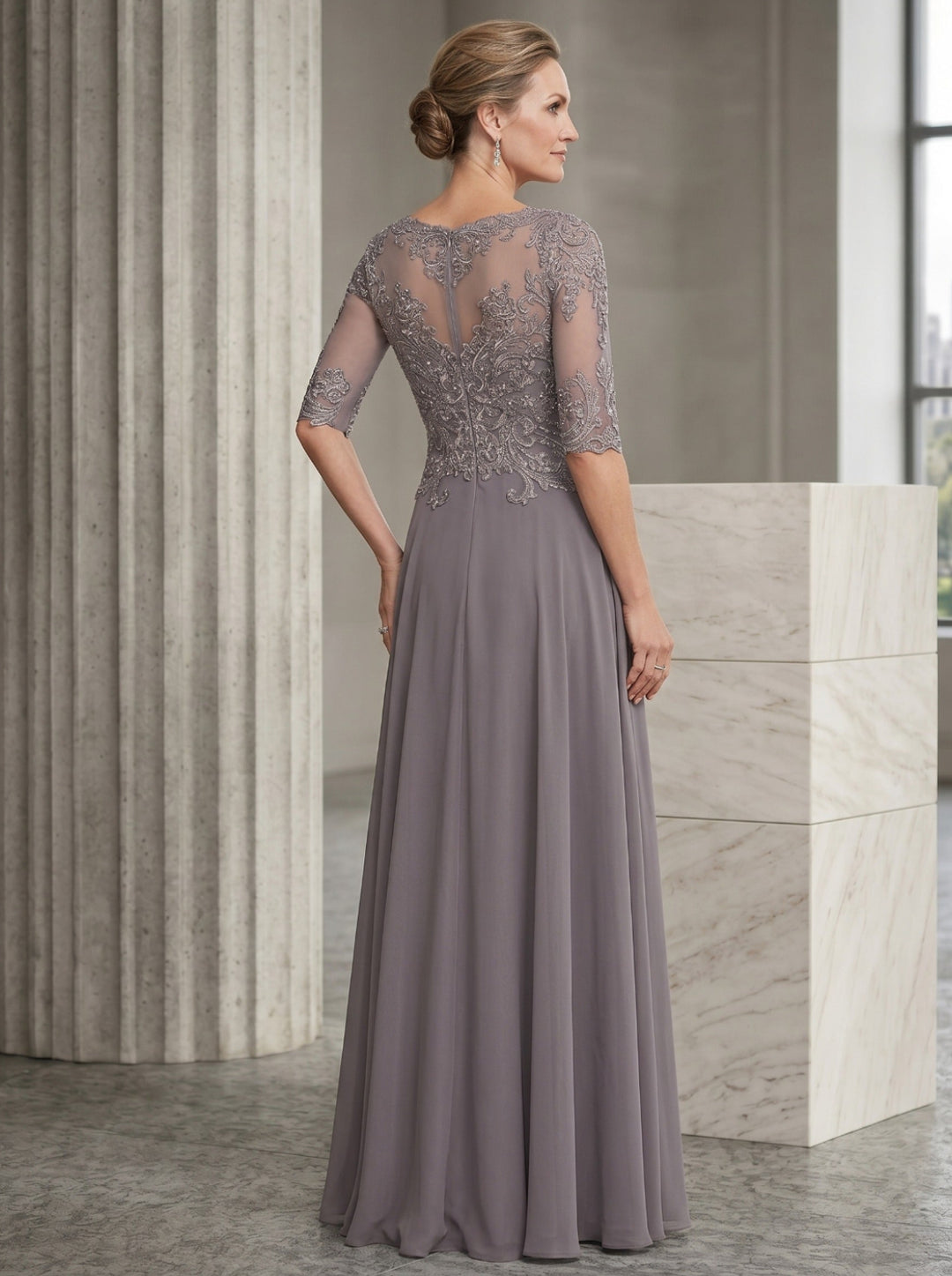 Chiffon Jewel Neck Half Sleeves Ankle-Length Mother of the Bride Pantsuits with Lace
