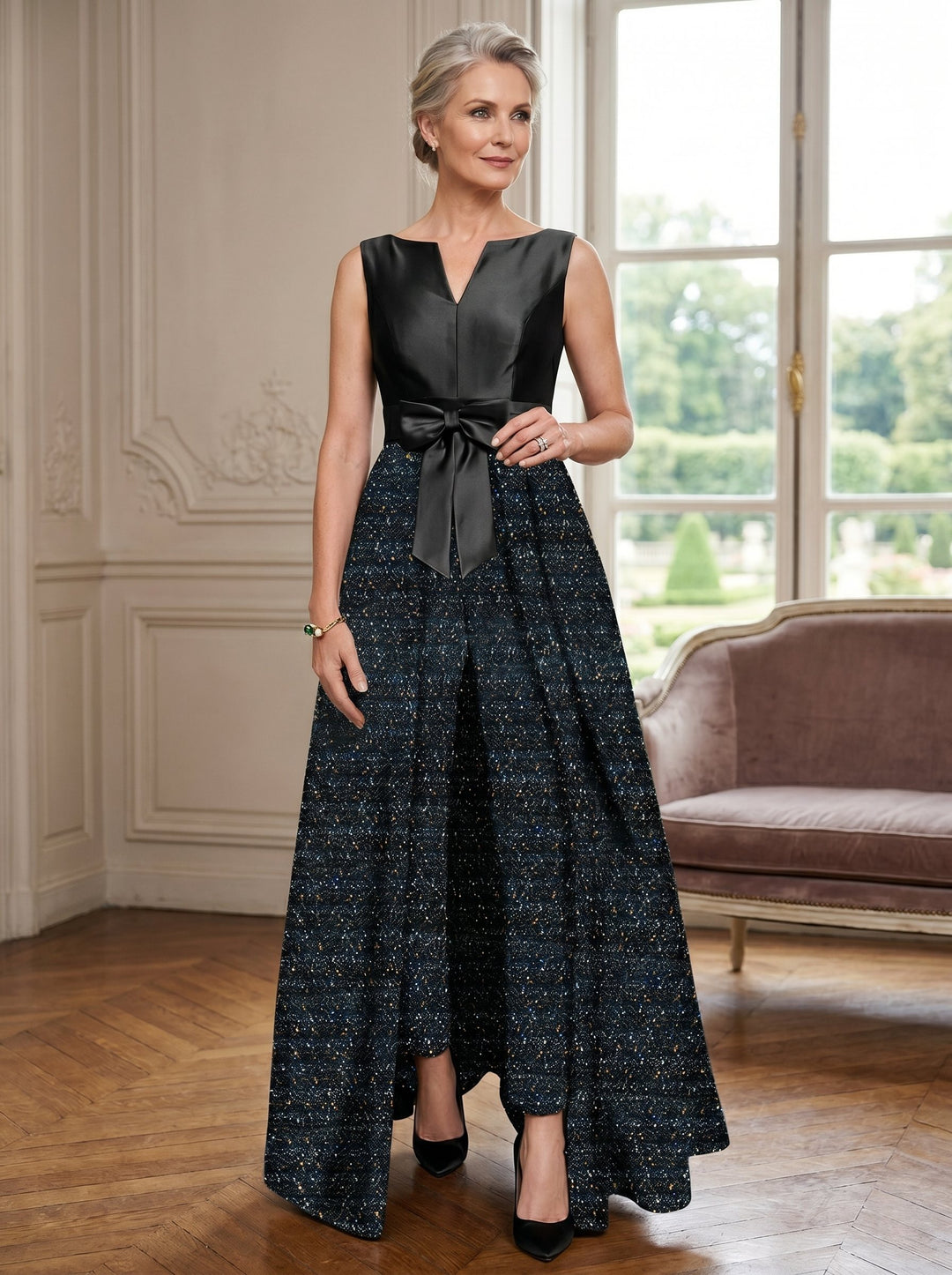 2 Pieces Scoop Long Sleeves Black Mother of the Bride Pantsuits with Sash £¦ Sequins