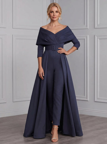 Scoop Long Sleeves Mother of the Bride Pantsuits with Belt