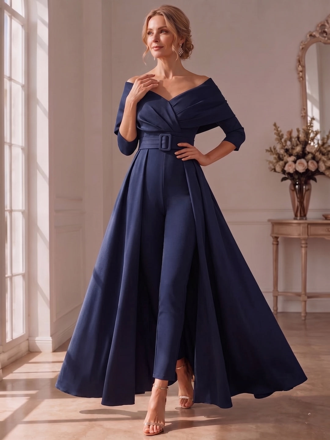 Scoop Long Sleeves Mother of the Bride Pantsuits with Belt