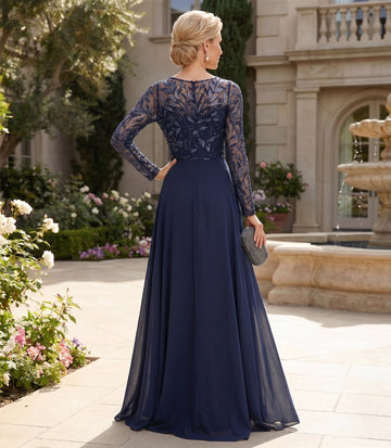 A-Line/Princess Scoop Long Sleeves Floor-Length Mother of the Bride Dresses with Split Side, Ruffles & Sequins