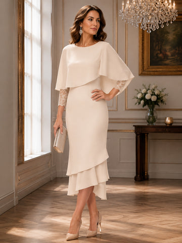 Sheath/Column Scoop Short Sleeves Tea-Length Mother of the Bride Dresses with Appliques & Lace