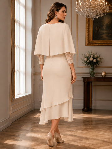 Sheath/Column Scoop Short Sleeves Tea-Length Mother of the Bride Dresses with Appliques & Lace