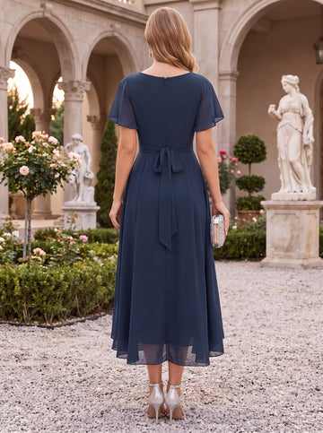 A-Line/Princess Chiffon V-Neck Short Sleeves  Mother of the Bride Dresses with Belt