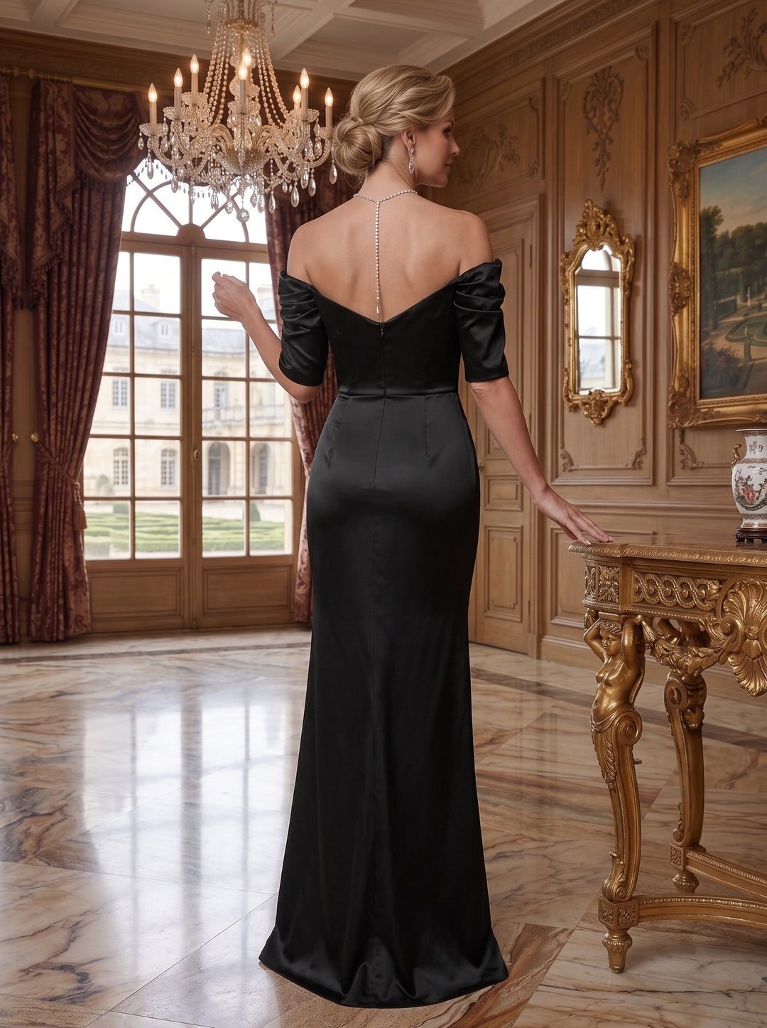 Sheath/Column Off-the-Shoulder Short Sleeves Mother of the Bride Dresses With Split Front