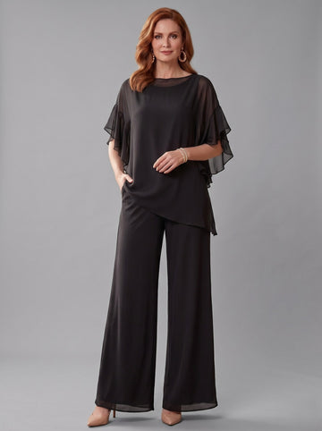 Jumpsuits Scoop Half Sleeves Chiffon Mother Of The Bride Pantsuits