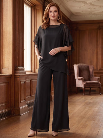 Jumpsuits Scoop Half Sleeves Chiffon Mother Of The Bride Pantsuits