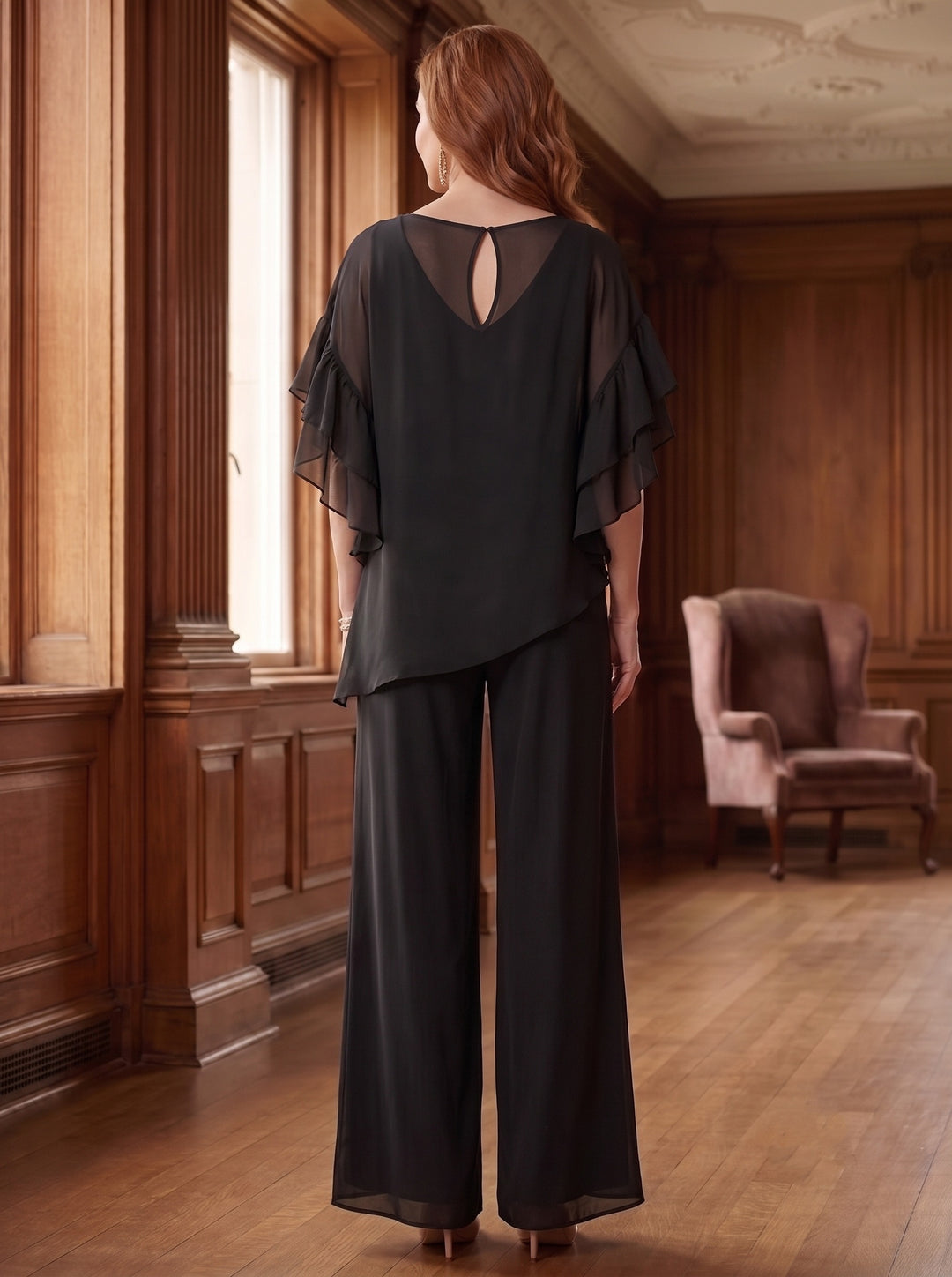 Jumpsuits Scoop Half Sleeves Chiffon Mother Of The Bride Pantsuits