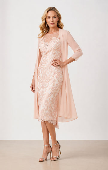 Sheath/Column Scoop Long Sleeves Knee-Length Mother of the Bride Dresses with Lace Beading Appliques