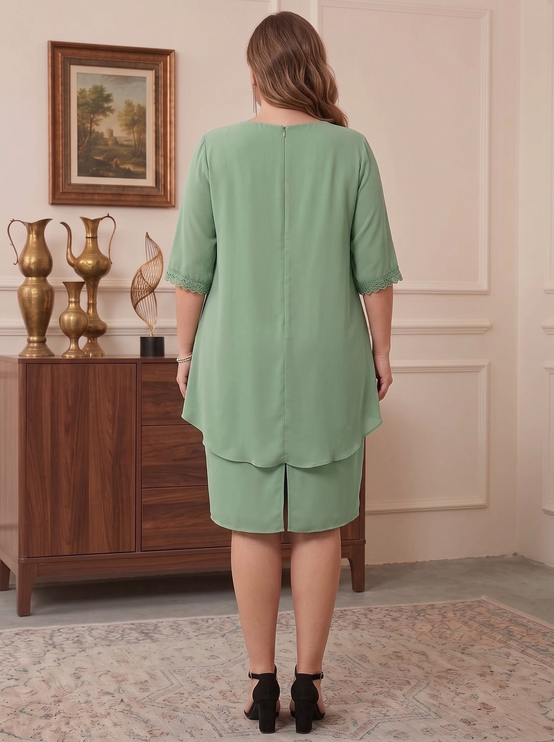 Column Jewel Neck Knee-Length Plus Size Mother of the Bride Dresses with Beading & Ruching