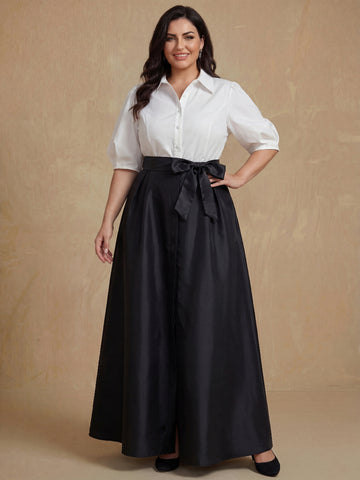 A-Line/Princess Shirt Collar Short Sleeves Floor-Length Plus Size Mother Of The Bride Dresses with Bowknot