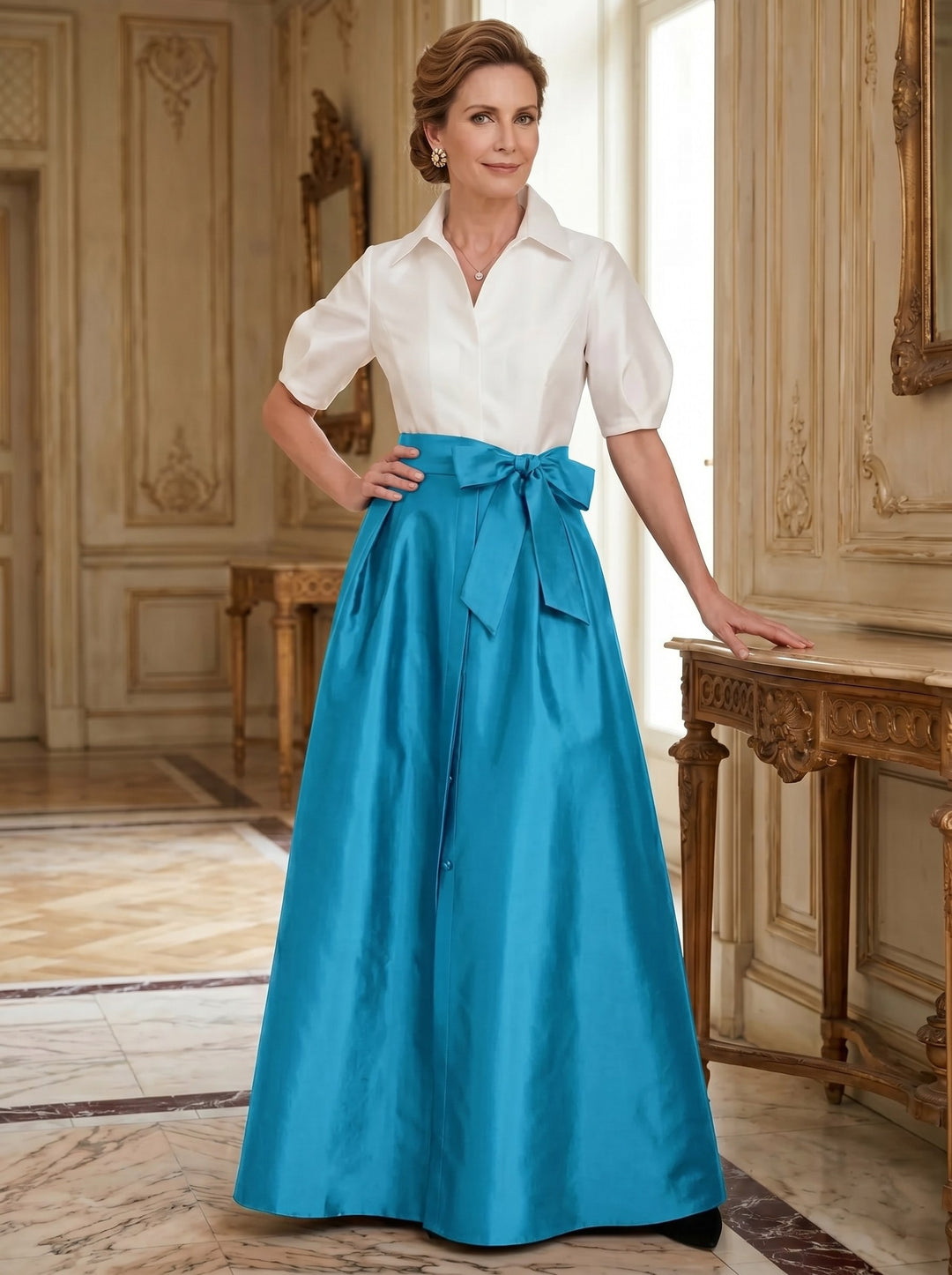A-Line/Princess Shirt Collar Short Sleeves Floor-Length Mother Of The Bride Dresses with Bowknot