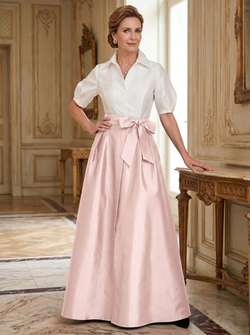 A-Line/Princess Shirt Collar Short Sleeves Floor-Length Mother Of The Bride Dresses with Bowknot