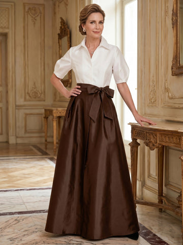 A-Line/Princess Shirt Collar Short Sleeves Floor-Length Mother Of The Bride Dresses with Bowknot