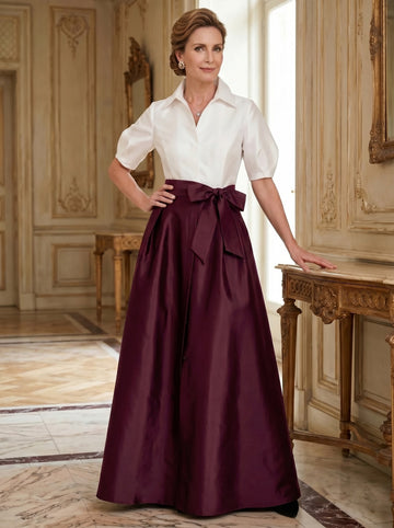 A-Line/Princess Shirt Collar Short Sleeves Floor-Length Mother Of The Bride Dresses with Bowknot