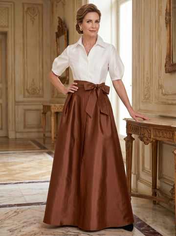 A-Line/Princess Shirt Collar Short Sleeves Floor-Length Mother Of The Bride Dresses with Bowknot