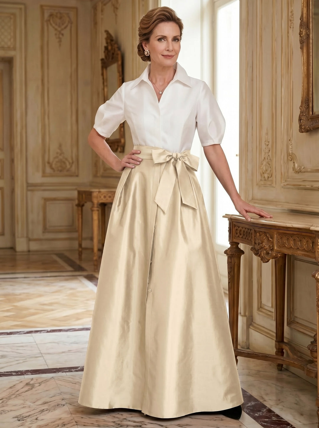 A-Line/Princess Shirt Collar Short Sleeves Floor-Length Mother Of The Bride Dresses with Bowknot