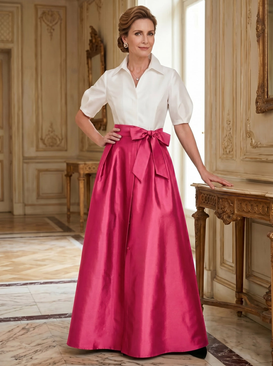 A-Line/Princess Shirt Collar Short Sleeves Floor-Length Mother Of The Bride Dresses with Bowknot