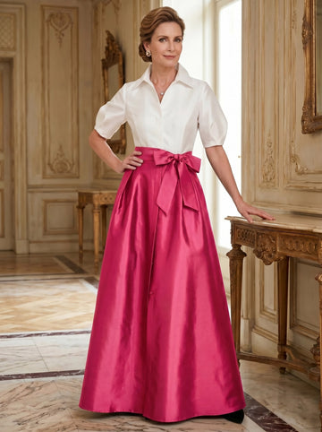 A-Line/Princess Shirt Collar Short Sleeves Floor-Length Mother Of The Bride Dresses with Bowknot