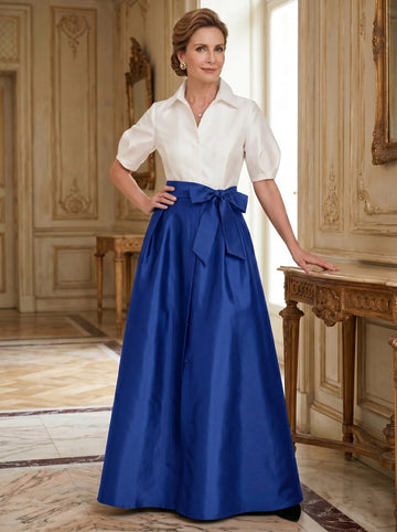 A-Line/Princess Shirt Collar Short Sleeves Floor-Length Mother Of The Bride Dresses with Bowknot