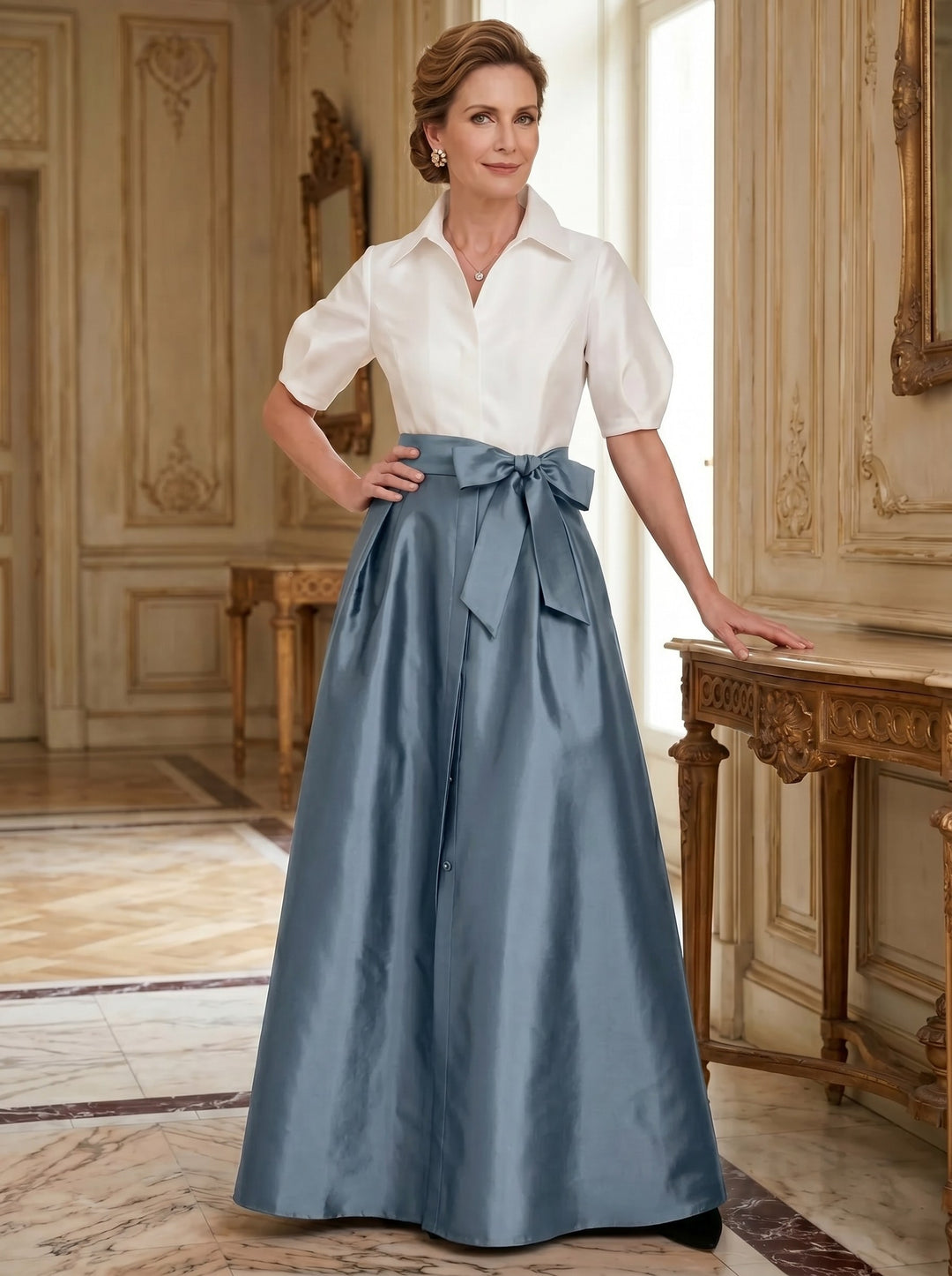 A-Line/Princess Shirt Collar Short Sleeves Floor-Length Mother Of The Bride Dresses with Bowknot